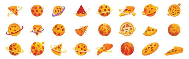 Planet pizza icons set. Delicious pizza planets and slices orbiting in space, a cosmic food concept vector