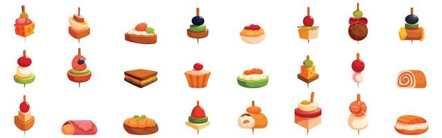 Buffet finger food appetizer icons set. Catering service presenting delicious canape appetisers with various toppings for events and celebrations vector