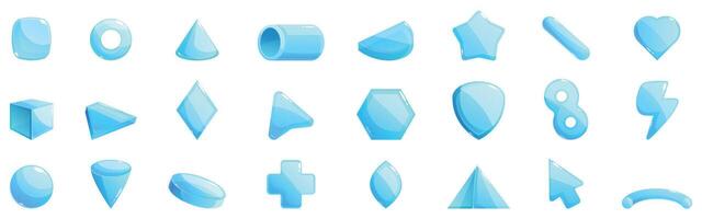 Glass figure icons set. Set of basic geometric shapes in light blue tones, perfect for educational or design projects vector