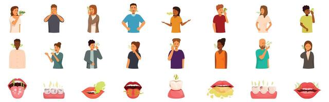 Halitosis icons set. People suffering from halitosis and bad breath from teeth and tongue problems vector