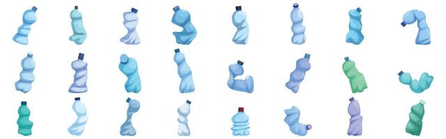 Crumpled bottle icons set. Used plastic bottles showing pollution and recycling needs vector