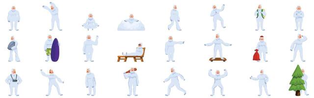 Bigfoot character icons set. Yeti engaging in various activities, relaxing, playing sports, and enjoying life vector