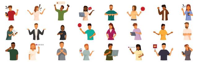 Unhappy client icons set. People giving one star ratings and expressing negative feedback about product or service vector