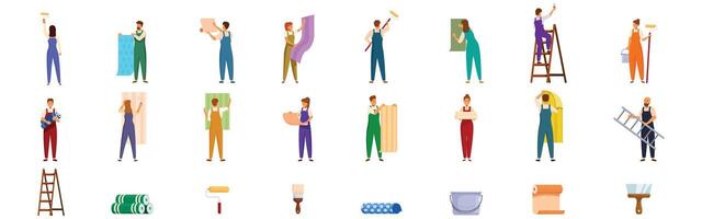Applying wallpapers icons set. Decorators hanging wallpaper, painting walls, and using tools, a comprehensive set of home renovation illustrations vector