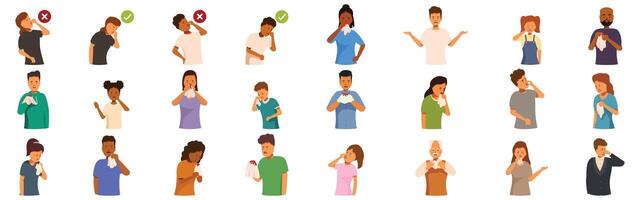 Nose bleed icons set. People coughing and sneezing correctly and incorrectly, showing respiratory hygiene vector