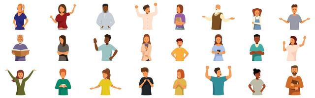 Extravert introvert people icons set. People showing different gestures and emotions, communicating with body language vector