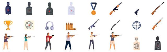 Human shooting range icons set. People shooting with rifles and guns at targets in a shooting range with related icons vector