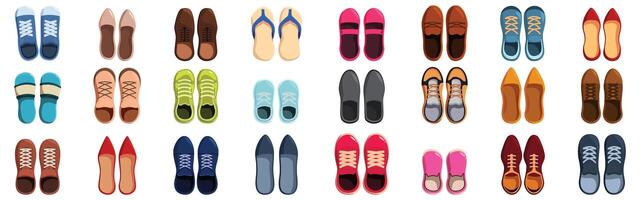 Shoes top view icons set. Different kind of shoes seen from above representing various styles and activities vector