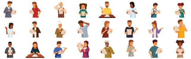 Solving crossword icons set. People reading and writing, filling out forms and taking tests vector