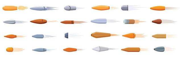 Flying bullets icons set. Flying bullets leaving smoke trails, a set of various cartoon style projectiles vector