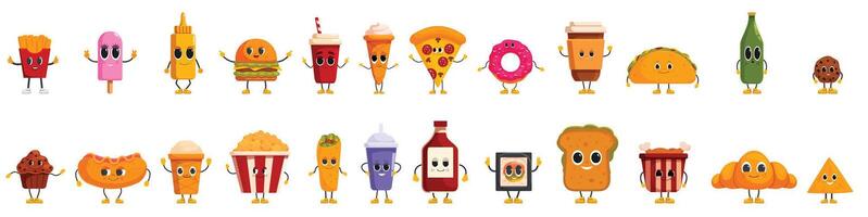 Psychedelic fast food icons set. Funny food and drink cartoon characters posing with tiny arms and legs vector