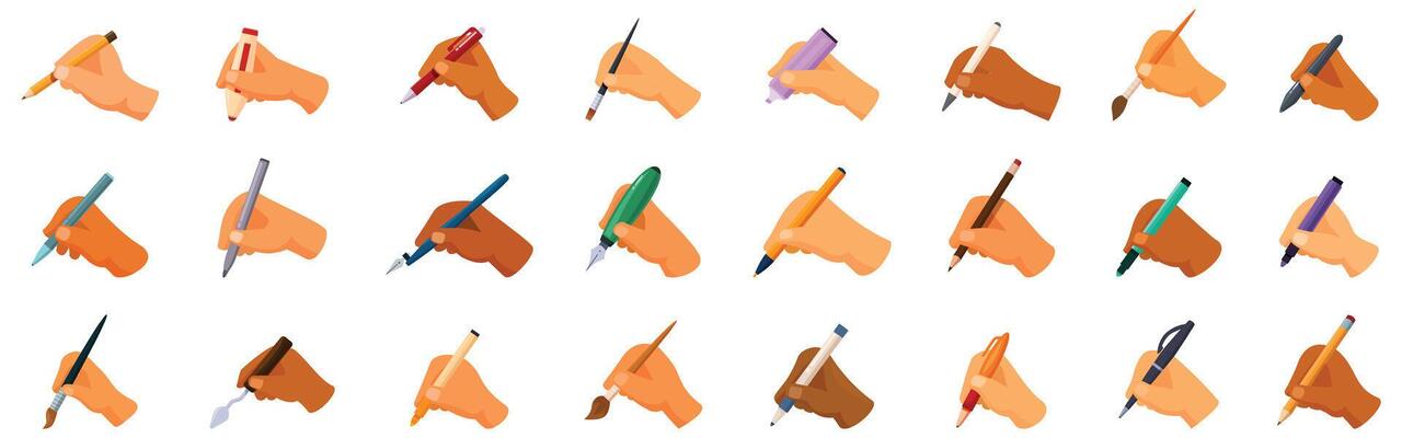 Writing tool hand icons set. Hands holding pens, pencils, brushes and markers writing and drawing