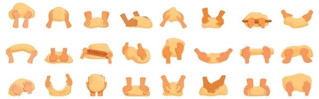 Kneading dough icons set. Baker kneading dough, shaping bread, using rolling pin icons set vector