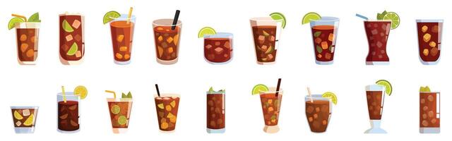 Cuba libre drink icons set. Set of cuba libre, rum and cola cocktails with lime wedges, mint leaves and ice cubes refreshing summer drinks vector