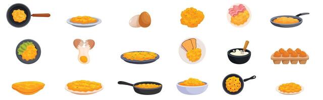 Scrambled eggs icons set. Scrambled eggs cooking stages and presentation with utensils and ingredients vector