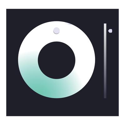 Minimalist music player interface with a teal and white circular button on dark background