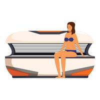 Woman relaxing and sitting on tanning bed, getting ready for sunbathing session vector