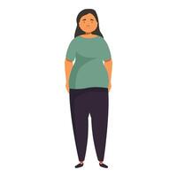 Sad overweight woman standing with hands in pockets, body positivity and self acceptance vector
