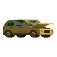 Broken yellow car with open hood and shattered windows vector