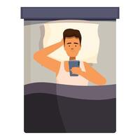 Man lying in bed at night using smartphone vector
