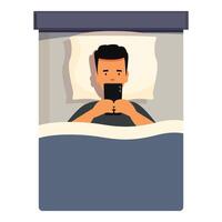 Man lying in bed at night using smartphone before sleeping vector