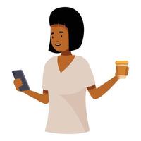 Smiling woman using mobile app and holding coffee vector