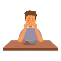 Sad child looking at unpleasant soup at lunchtime vector