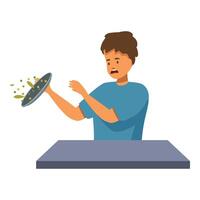 Scared boy dropping food from plate at table vector