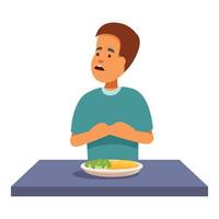 Boy refusing to eat healthy food sitting at table with broccoli and omelette dish vector