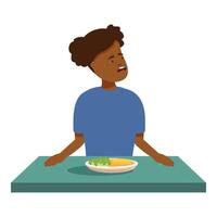 Girl looking up while having broccoli and omelette for meal vector