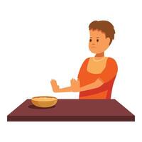 Child refusing to eat healthy food making stop gesture with his hands vector