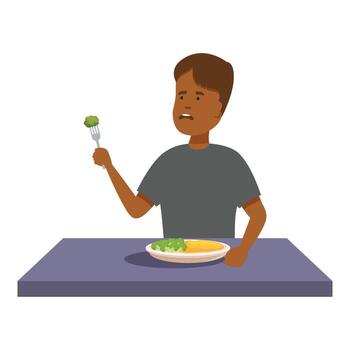 Boy refusing to eat broccoli and making a disgusted face vector