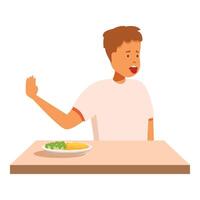 Boy refusing to eat vegetables at lunch table vector