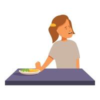 Girl refusing to eat healthy food making disgusted face at table vector