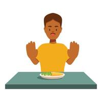 Boy refusing to eat vegetables making stop gesture with his hands vector