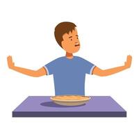 Boy refusing to eat dessert raising his hands in front of a pie vector