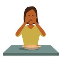 Little girl crying and covering her face at the table while eating vector