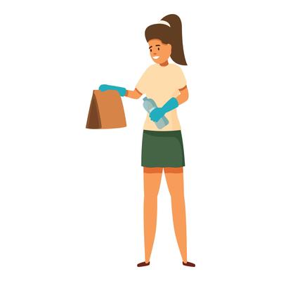 Volunteer picking up plastic bottle and paper bag for recycling