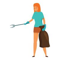 Volunteer picking up trash with grabber tool and garbage bag vector