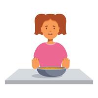Girl refusing to eat soup sitting at table vector