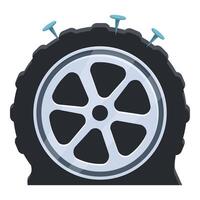 Flat tire showing nails puncturing rubber and causing damage vector