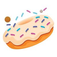 Delicious donut with white icing and colorful sprinkles falling around it vector