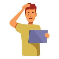 Confused freelancer holding tablet and having problem with work, scratching head and looking worried vector