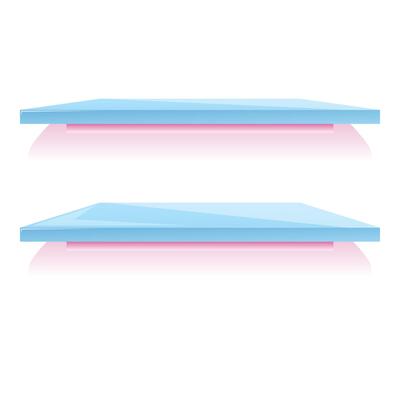Two empty blue shelves with pink neon lights shining downward