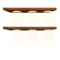 Two wooden shelves with spotlights shining downward, creating a warm ambiance vector
