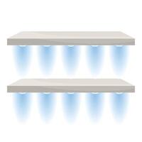 Two empty shelves with spotlights shining downwards creating dramatic lighting vector