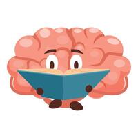 Cartoon brain holding and reading a book, studying and learning concepts vector