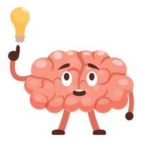 Cartoon brain having an idea and pointing a light bulb vector
