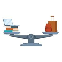 Balancing study and travel, choosing between education and adventure on scale vector