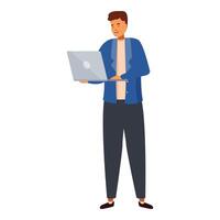 Young man working using laptop standing up, full body view vector